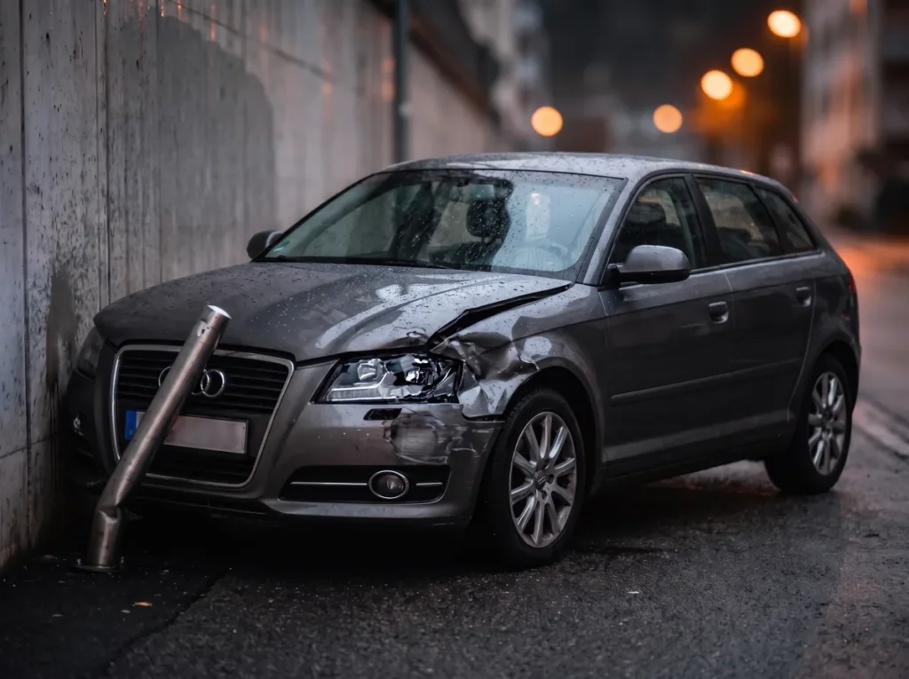 Fahrzeug mit selbst verursachtem Frontschaden an einer Betonwand